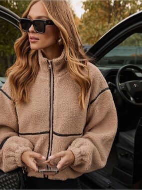 Vici Taupe Teddy Sherpa Zip-Up Jacket with Contrast Piping